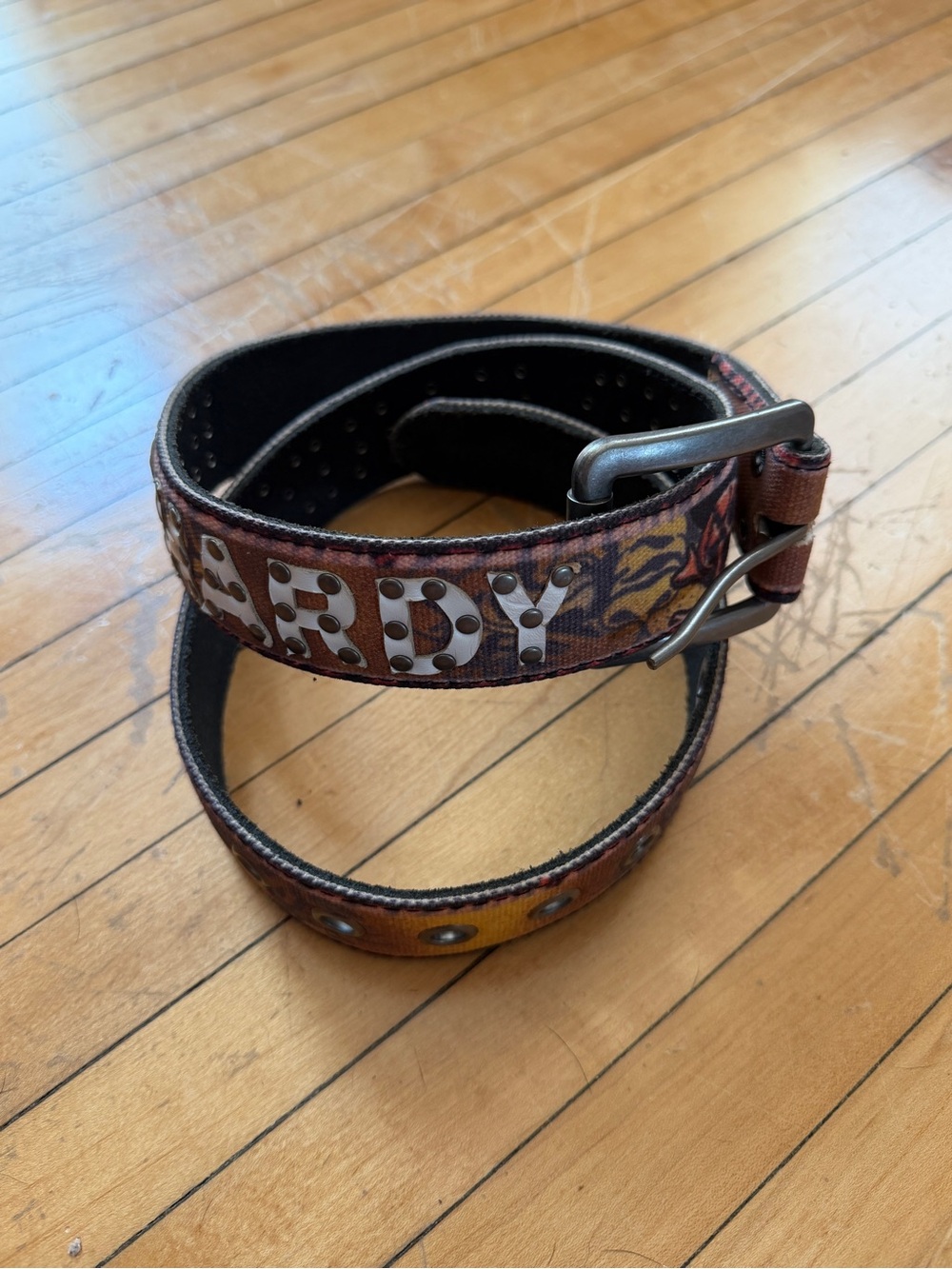 Vintage Y2K Ed Hardy Leather Belt Brown  Studded Tiger/Skull Pirate Sz. S